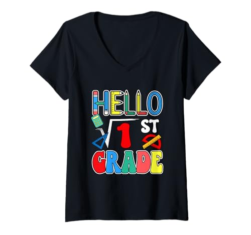 Damen Hello 1st Grade Math Formula Teachers Student Back To School T-Shirt mit V-Ausschnitt von Elementary School Back To School Costume