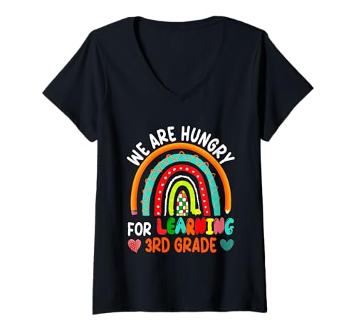 Damen Hungry For Learning 3rd Grade Back To School Rainbow Student T-Shirt mit V-Ausschnitt von Elementary School Back To School Costume