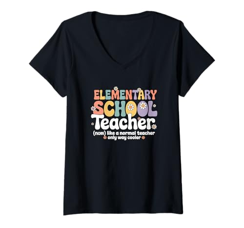 Damen Groovy Grundschullehrer Zurück zur Schule Klassenzimmer T-Shirt mit V-Ausschnitt von Elementary School Teacher Apparel for Women & Men