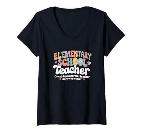 Damen Retro Grundschullehrer Willkommen zurück in der Schule T-Shirt mit V-Ausschnitt von Elementary School Teacher Apparel for Women & Men