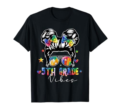 5th Grade Funny Vibes Colorful Messy Bun Hair Girl Bow Tie T-Shirt von Elementary School Vacations Costume
