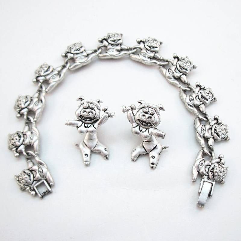 Vintage Gewicht-Heben Pig Fitness Schmuck - Silberfarben Armband Und Ohrring Set von ElementsofDesignCA