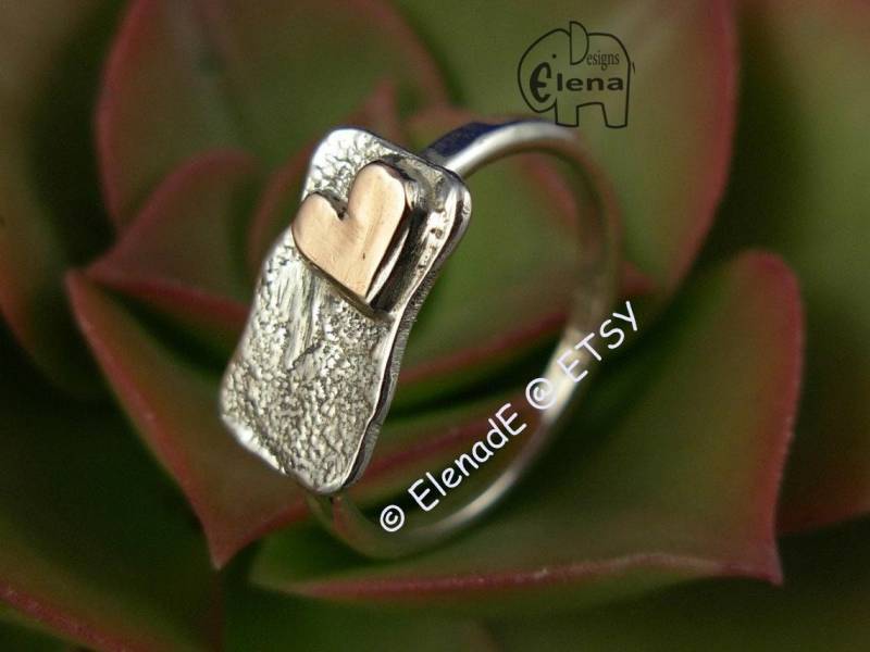 Texture Silberring Und 9K Gold Herz - Elenade von ElenadE