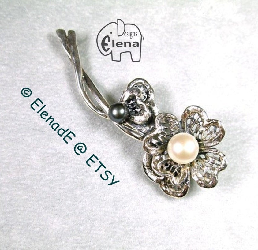 The Pearls Big Flower - Handgefertigte Silber Brosche -Floraler Brautschmuck, Elenade von ElenadE