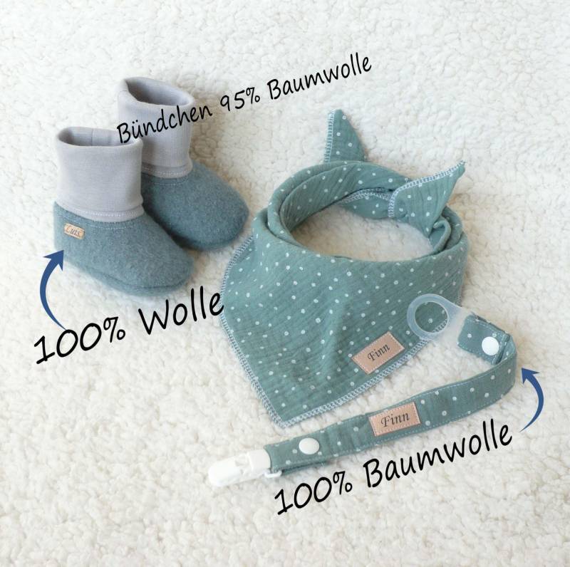Babyschuhe Aus Walk, Halstuch Und Schnullerband in Dunkelmint Mit Namen, Geschenkset Zur Geburt Oder Taufe von ElenasAtelier