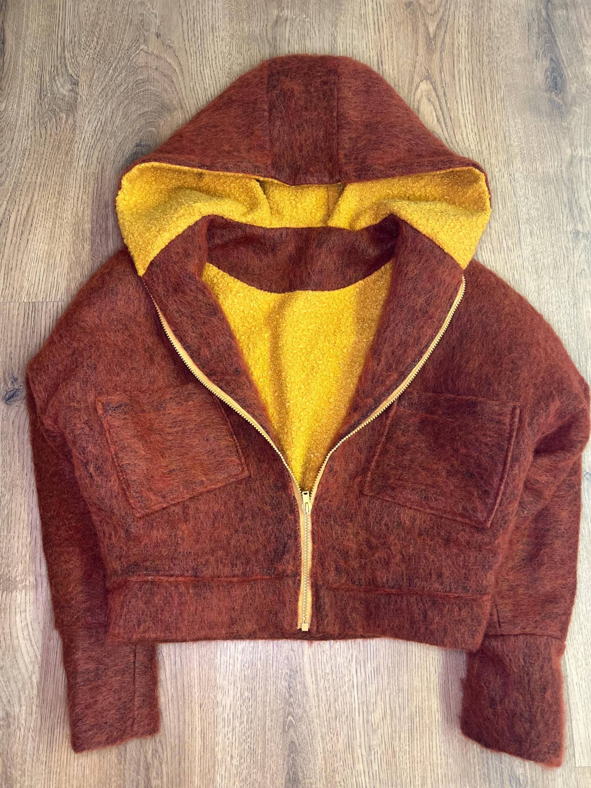 Handmade Rust Wool Bomber Hoodie .cropped Fuzzy Jacket With Mustard Lining, Warm Zip Up For Women von ElenasBoutiqueDE