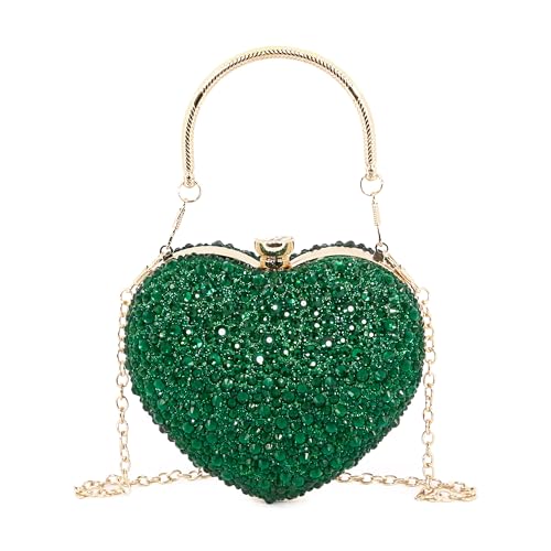 Elenint Damen Elegant Glänzend Strassstein Herz-typ Clutch Abendtasche Umhängetasche Party Hochzeit Cocktail Prom Handtaschen Kettentasche Schultertaschen, Dunkelgrün von Elenint