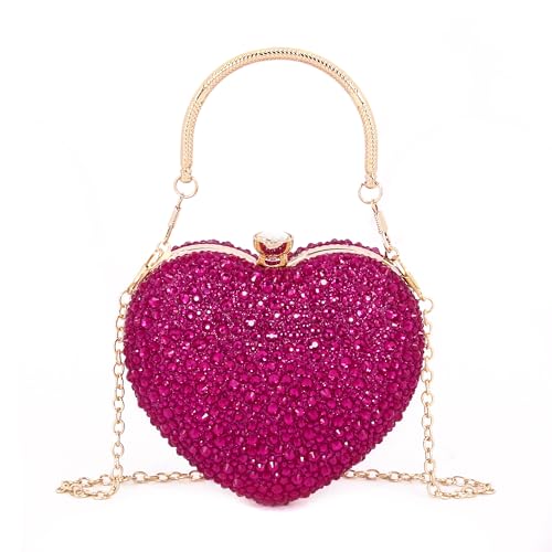 Elenint Damen Elegant Glänzend Strassstein Herz-typ Clutch Abendtasche Umhängetasche Party Hochzeit Cocktail Prom Handtaschen Kettentasche Schultertaschen, Dunkelrosa von Elenint