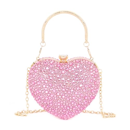 Elenint Damen Elegant Glänzend Strassstein Herz-typ Clutch Abendtasche Umhängetasche Party Hochzeit Cocktail Prom Handtaschen Kettentasche Schultertaschen, Rosa von Elenint