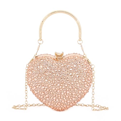 Elenint Damen Elegant Glänzend Strassstein Herz-typ Clutch Abendtasche Umhängetasche Party Hochzeit Cocktail Prom Handtaschen Kettentasche Schultertaschen, Rose Gold von Elenint
