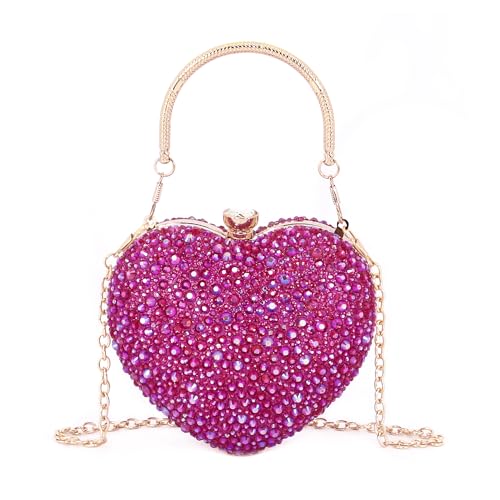 Elenint Damen Elegant Glänzend Strassstein Herz-typ Clutch Abendtasche Umhängetasche Party Hochzeit Cocktail Prom Handtaschen Kettentasche Schultertaschen, Rose Rot von Elenint