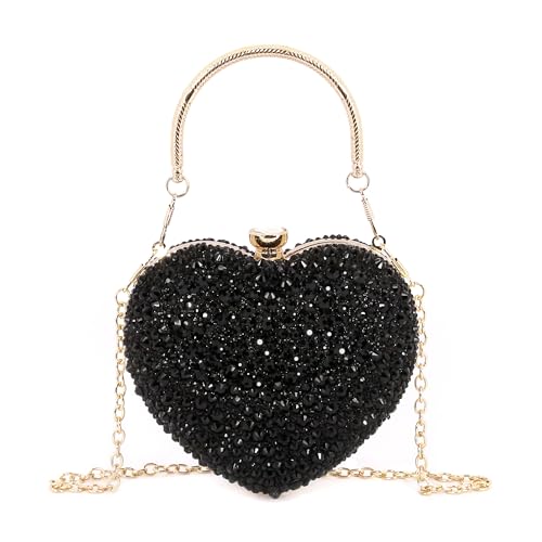 Elenint Damen Elegant Glänzend Strassstein Herz-typ Clutch Abendtasche Umhängetasche Party Hochzeit Cocktail Prom Handtaschen Kettentasche Schultertaschen, Schwarz von Elenint