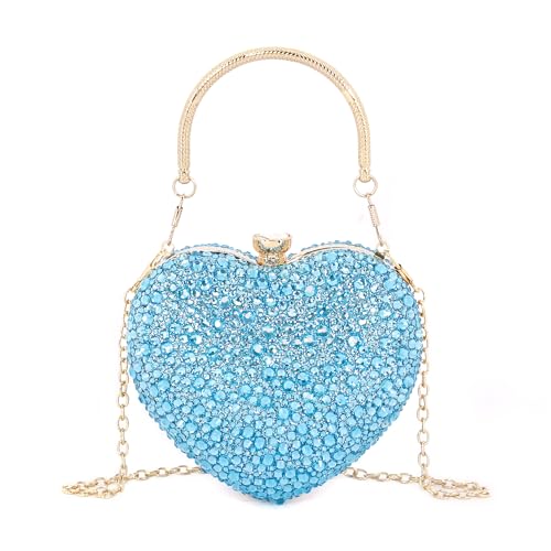 Elenint Damen Elegant Glänzend Strassstein Herz-typ Clutch Abendtasche Umhängetasche Party Hochzeit Cocktail Prom Handtaschen Kettentasche Schultertaschen, Seeblau von Elenint