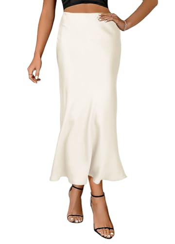 Elenint Damen Eleganter Bodycon Rock Glatte Seide Satin Hohe Taille Midi Lange Röcke Elastisch Fischschwanz Rock Party Cocktail (DE/NL/SE/PL, Alphanumerisch, M, Regular, Regular, Beige) von Elenint