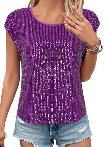 Elenint Damen Glänzend Pailletten Tanktop Cocktail Party Rund Neck Ärmellos Top Lose Lässig Pullover T-Shirts Bluse Clubwear,Violett/XL von Elenint