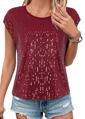 Elenint Damen Glänzend Pailletten Tanktop Cocktail Party Rund Neck Ärmellos Top Lose Lässig Pullover T-Shirts Bluse Clubwear von Elenint
