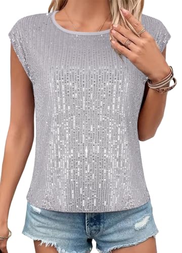 Elenint Damen Glänzend Pailletten Tanktop Cocktail Party Rund Neck Ärmellos Top Lose Lässig Pullover T-Shirts Bluse Clubwear von Elenint
