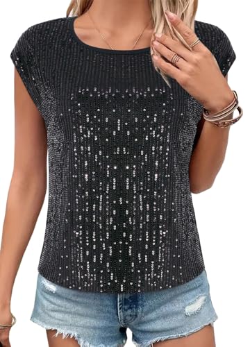 Elenint Damen Glänzend Pailletten Tanktop Cocktail Party Rund Neck Ärmellos Top Lose Lässig Pullover T-Shirts Bluse Clubwear von Elenint