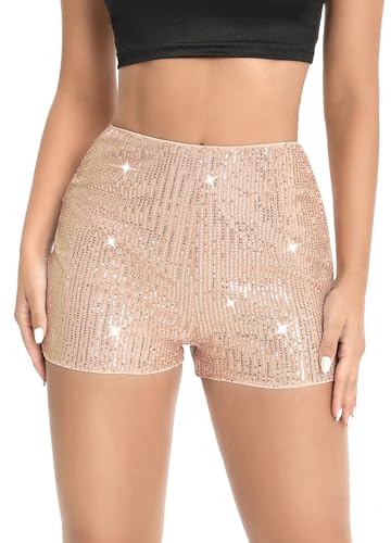 Elenint Damen Stylische Glitzernde Pailletten Shorts Hohe Taille Locker Gerade Bein Shorts Disco Club Festival Rave Kostüm Tanz Shorts, Slim Fit ohne Taschen Champagne/M von Elenint