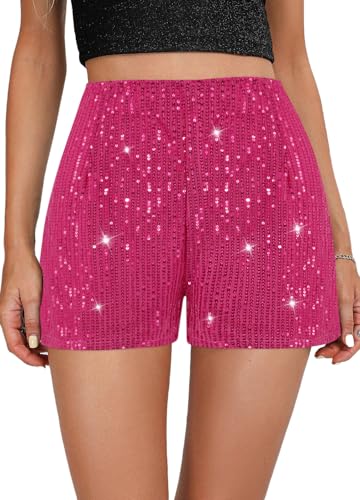 Elenint Damen Stylische Glitzernde Pailletten Shorts Hohe Taille Locker Gerade Bein Shorts Disco Club Festival Rave Kostüm Tanz Shorts, Slim Fit ohne Taschen Rose Rot/S von Elenint
