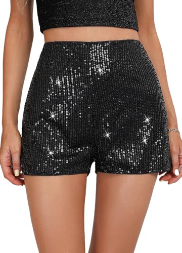 Elenint Damen Stylische Glitzernde Pailletten Shorts Hohe Taille Locker Gerade Bein Shorts Disco Club Festival Rave Kostüm Tanz Shorts, Slim Fit ohne Taschen Schwarz/XL von Elenint