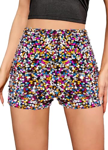 Elenint Damen Stylische Glitzernde Pailletten Shorts Hohe Taille Locker Gerade Bein Shorts Fur Disco Club Festival Rave Kostüm Tanz, Slim Fit ohne Taschen Mehrfarbig Sequin/L von Elenint