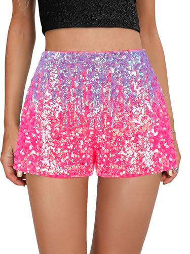 Elenint Damen Stylische Glitzernde Pailletten Shorts Hohe Taille Locker Gerade Bein Shorts Fur Disco Club Festival Rave Kostüm Tanz，Patchwork Pailletten Violett Rose/M von Elenint