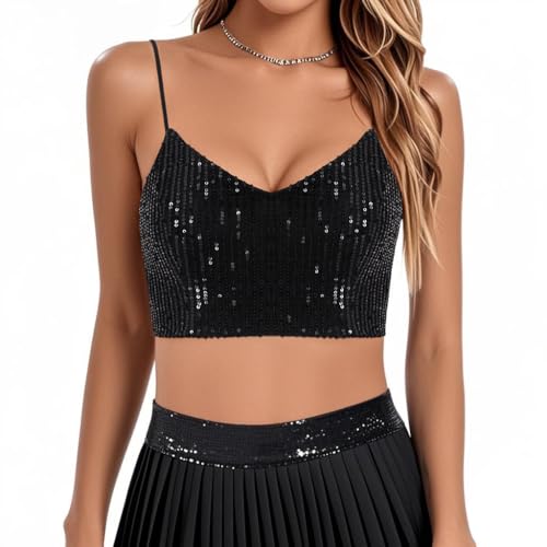Elenint Damen V-Ausschnitt Glitzer Pailletten Crop Tanktops Slim Fit Tube Top Bralettles Festival Outfits Rave Träger Camis Blusen，L/Spaghetti-Träger Schwarz von Elenint