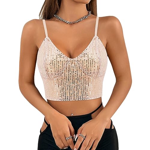 Elenint Damen V-Ausschnitt Glitzer Pailletten Crop Tanktops Slim Fit Tube Top Bralettles Festival Outfits Rave Träger Camis Blusen，M/V-Ausschnitt Champagner Gold Pailletten von Elenint