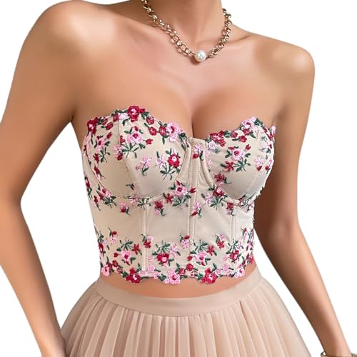 Elenint Neue Ankunft Damen Trägertop Ärmelloses LowCut Neck Tanktops Slim Fit Tube Top Spitzentop Floral Embroid Oberteile Party Camis, L von Elenint