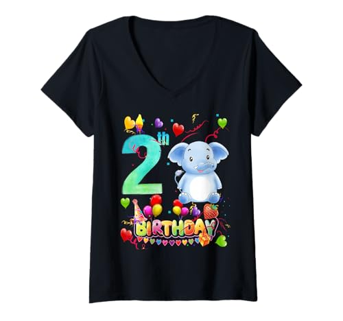 Damen Ich Bin 2 Jahre alt und der Elefant hat Geburtstag T-Shirt mit V-Ausschnitt Damen Ich Bin 2 Jahre alt und der Elefant hat Geburtstag T-Shirt mit V-Ausschnitt von Elephant Birthday For Kids