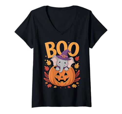 Damen Elefant Kostüm auf Kürbis Halloween Elefant T-Shirt mit V-Ausschnitt Damen Elefant Kostüm auf Kürbis Halloween Elefant T-Shirt mit V-Ausschnitt von Elephant Halloween kids, women, men