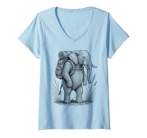 Damen Wandern Elefant Rucksackreisen Natur Wildlife Safari Liebhaber T-Shirt mit V-Ausschnitt Damen Wandern Elefant Rucksackreisen Natur Wildlife Safari Liebhaber T-Shirt mit V-Ausschnitt von Elephant Hiker Trekking Hike Merch.