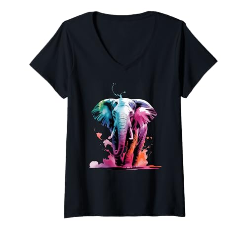 Damen Elefanten-Farbspritzer, Poster-Stil, Bunte Kunstgrafik T-Shirt mit V-Ausschnitt Damen Elefanten-Farbspritzer, Poster-Stil, Bunte Kunstgrafik T-Shirt mit V-Ausschnitt von Elephant Lover Apparel & Arts