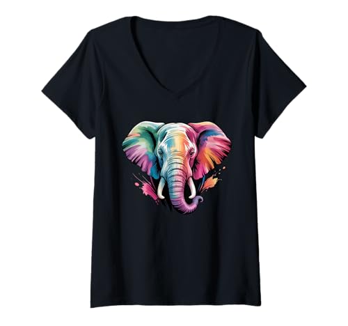 Damen Elefanten-Poster-Stil, Bunte Farbspritzer, Kunstgrafik T-Shirt mit V-Ausschnitt Damen Elefanten-Poster-Stil, Bunte Farbspritzer, Kunstgrafik T-Shirt mit V-Ausschnitt von Elephant Lover Apparel & Arts