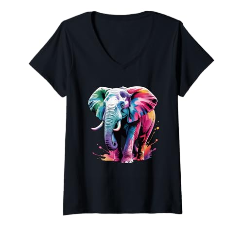 Damen Farbenfroher Elefanten-Poster-Stil, Farbspritzer, Kunstgrafik T-Shirt mit V-Ausschnitt Damen Farbenfroher Elefanten-Poster-Stil, Farbspritzer, Kunstgrafik T-Shirt mit V-Ausschnitt von Elephant Lover Apparel & Arts