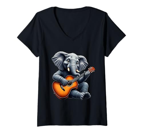 Damen Lustiger Elefant spielt Gitarre Design für Musikliebhaber T-Shirt mit V-Ausschnitt Damen Lustiger Elefant spielt Gitarre Design für Musikliebhaber T-Shirt mit V-Ausschnitt von Elephant Lovers Designs