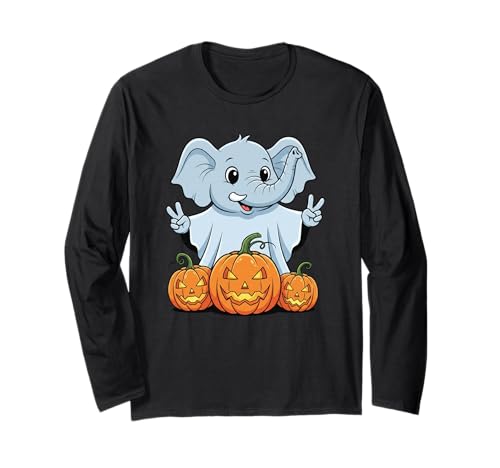 Lustiger Elefant Geist Kürbis Boo Halloween Kinder Herren Damen Langarmshirt von Elephant Lovers Halloween Ghost Pumpkin Outfits