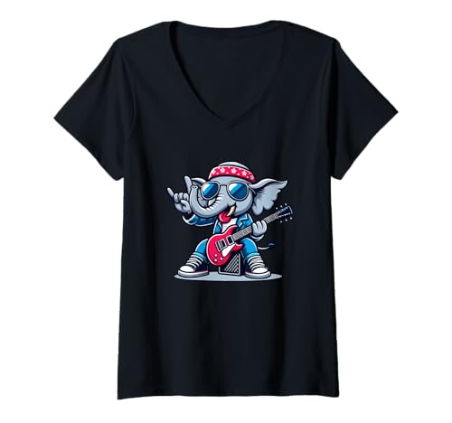 Damen Rockin' Elefant mit Gitarre Coole Vibes T-Shirt mit V-Ausschnitt von Elephant Rock Bandana Guitar Fun Cool Kids