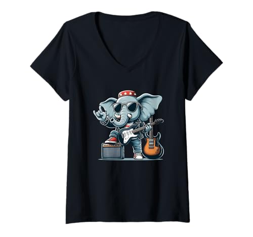 Damen Rock On Elephant Gitarrenmusikliebhaber T-Shirt mit V-Ausschnitt Damen Rock On Elephant Gitarrenmusikliebhaber T-Shirt mit V-Ausschnitt von Elephant Rock Music Festival Vibes