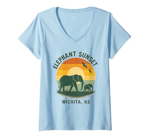 Damen Elefant Sonnenuntergang Shirt Wichita KS Safari Wildlife Silhouette T-Shirt mit V-Ausschnitt Damen Elefant Sonnenuntergang Shirt Wichita KS Safari Wildlife Silhouette T-Shirt mit V-Ausschnitt von Elephant Sunset Tee Shirts for Wildlife Lovers