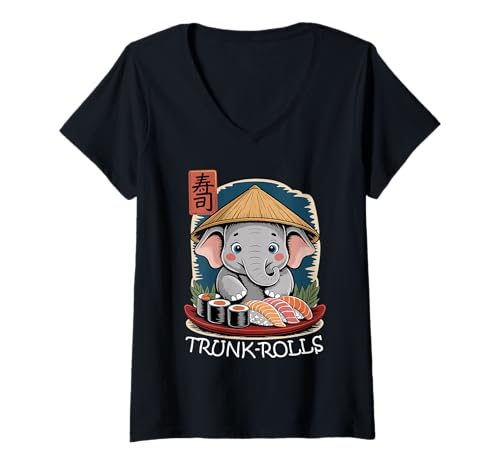 Damen Sushi Elefant Stamm-Rollen T-Shirt mit V-Ausschnitt Damen Sushi Elefant Stamm-Rollen T-Shirt mit V-Ausschnitt von Elephant for Sushi Sashimi Lover
