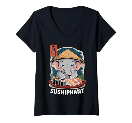 Damen Sushi Elefant Sushiphant T-Shirt mit V-Ausschnitt Damen Sushi Elefant Sushiphant T-Shirt mit V-Ausschnitt von Elephant for Sushi Sashimi Lover