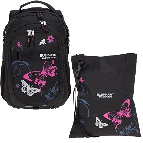 2 Teile Set ELEPHANT Schulrucksack Hero Signature Rucksack + Turnbeutel Attach Bag 12679 (Butterfly Black PINK) von Elephant