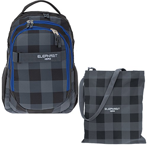 2 Teile Set ELEPHANT Schulrucksack Hero Signature Rucksack 12609 + Turnbeutel Attach Bag (Karo Plaid Blue) von Elephant