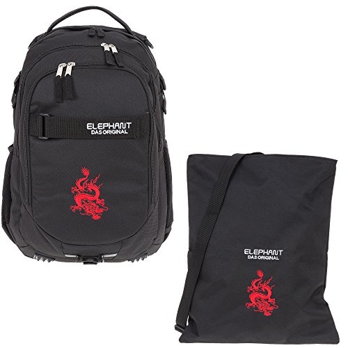 2 Teile Set ELEPHANT Schulrucksack Hero Signature Rucksack 12645 + Turnbeutel Attach Bag (Dragon Schwarz) von Elephant