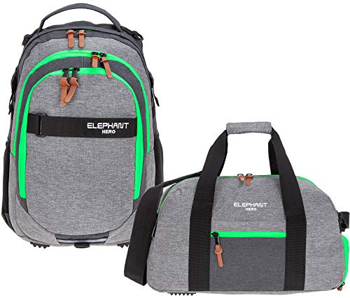 2 Teile Set Elephant Rucksack Hero Signature Schulrucksack Jungen Mädchen mit Sporttasche 12723 rs (Two Tone Green (grau/grün)) von Elephant