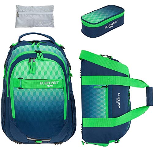 4 Teile Set Rucksack Jungen Schulrucksack Elephant Signature 12770 Cyber Camo Blau rsmr (Cube (Green Blue)) von Elephant