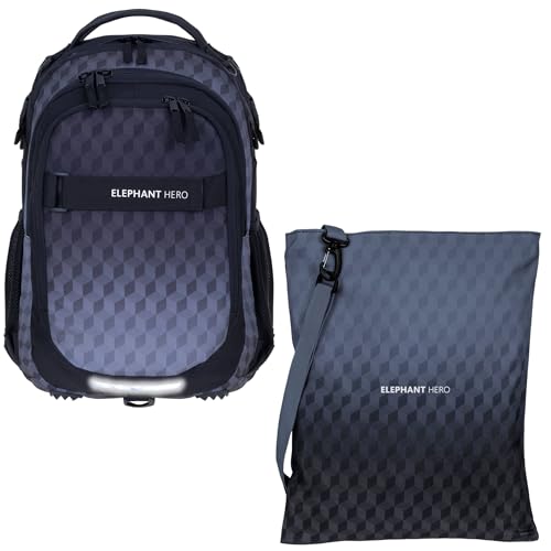 Elephant 2 Teile Set Schulrucksack HERO SIGNATURE Rucksack + Turnbeutel ATTACH BAG (Black Cube 12868) von Elephant