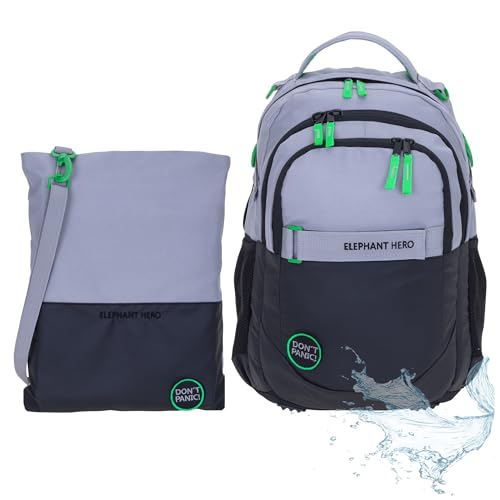 Elephant 2 Teile Set Schulrucksack HERO SIGNATURE Rucksack + Turnbeutel ATTACH BAG (Color Block Grau Grün 13047) von Elephant